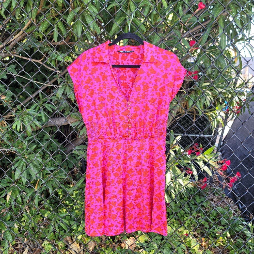 NWOT Zara Satin Effect Pink & Red Floral Print Mini Dress - Women's Medium - Picture 8 of 12